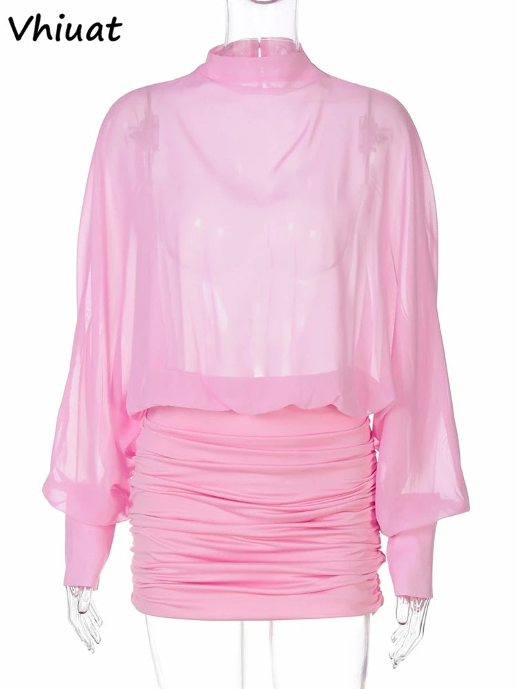 Vhiuat Summer Autumn Skinny Pleated Mini Dress Solid Elegant Long Sleeve Evening Party Robes Vacation Vestidos 2025 Lady New Good Vibrations