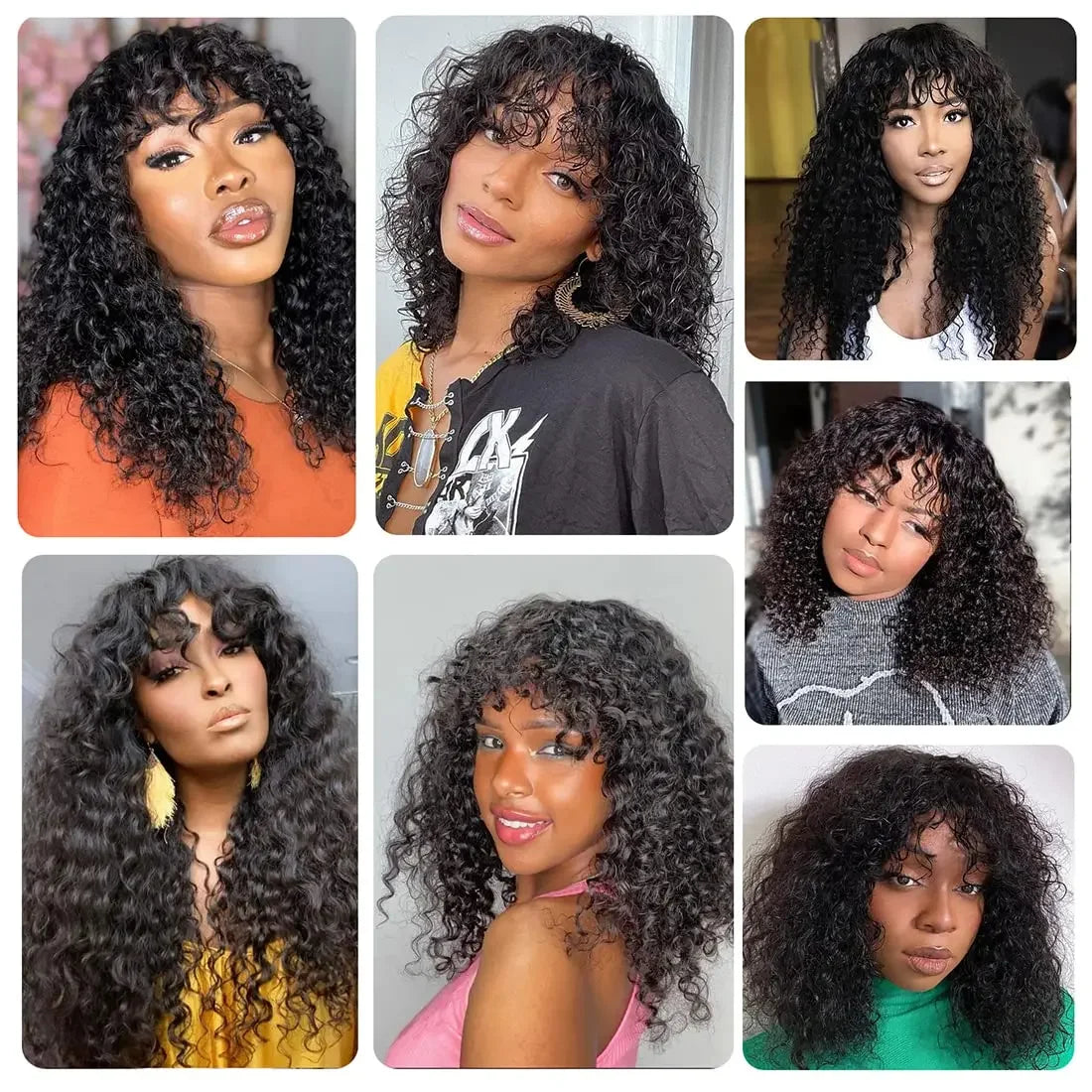 Water Wave Human Hair Wigs with Bangs None Lace Front Wigs Glueless Wigs Virgin Hair for Women 180% Machine Made Wigs Natural Good Vibrations