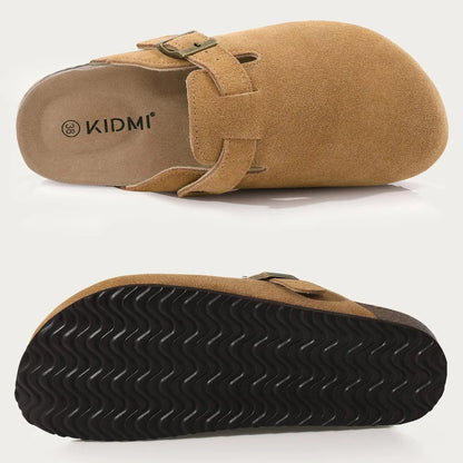 Comwarm Women's Suede Clogs with Adjustable Strap Cork Footbed Leather Mules Slippers Unisex Outdoor Comfortable Potato Shoes Good Vibrations