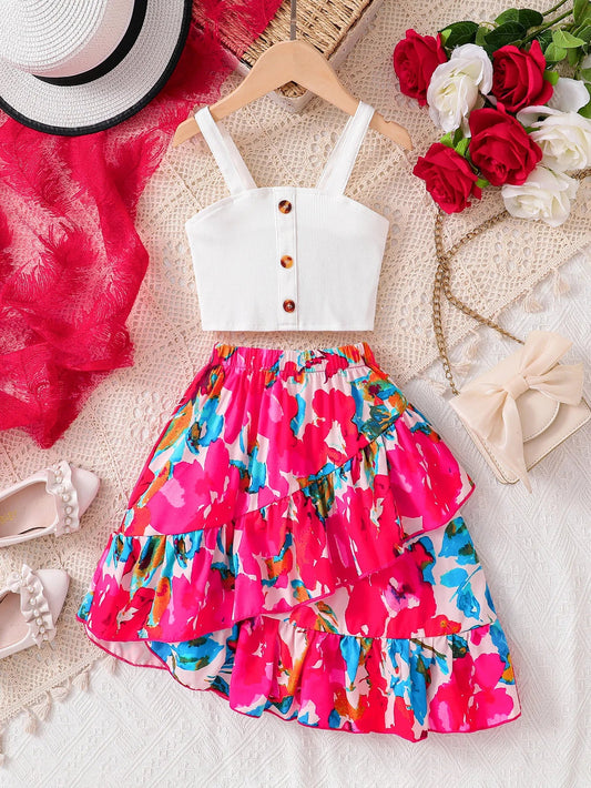 2-Piece Set for Girls, Fashionable Summer Outfit, Solid Color Knitted Button-Up Camisole Short Top + Elastic Waist Floral Print Skirt, Casual and Comfortable Everyday Wear for Girls, Youthful and Versatile Children's Clothing Good Vibrations