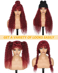 Glueless 200% Density 99J Burgundy Full Machine Made Deep Wave Wig with Bangs Water Wave Red Curly Human Hair Wigs Wear and Go Good Vibrations