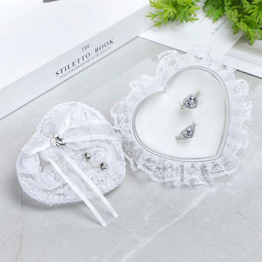 Ring Box Heart Wedding Lace Holder Pillow Ceremony Pillows Jewelry Bearer White Shape Boxes Pearl Rhinestone Case Love Proposal Good Vibrations