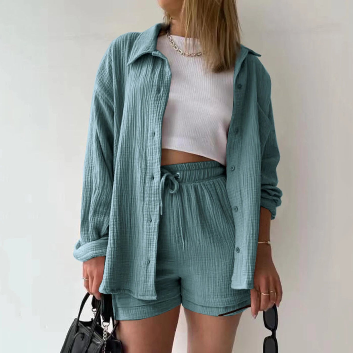 Women Summer Outfit Muslin Blouse Coat 2 Piece Clothing Women's Elegant Beach Holiday Women Set Female Coat Loose Suit Good Vibrations