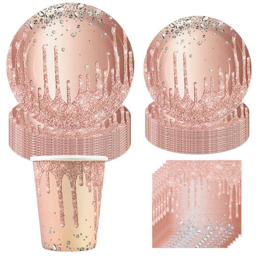 Diamond Glitter Paper Plate Napkins Rose Gold Disposable Tableware Rose Gold Wedding Birthday Party Supplies Women Party Decor Good Vibrations