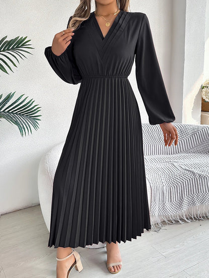 Elegant Dresses for Woman 2025 Autumn Winter Solid Color V Neck High Waist Pleated Maxi Dress Red Black Green Good Vibrations