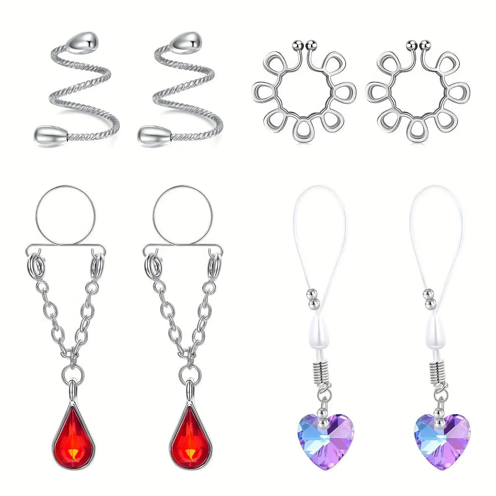 4 Pairs Non Piercing Fake Nipple Rings, Water Drop Heart Shaped Dangle Nipple Clips Good Vibrations Adult Super Store