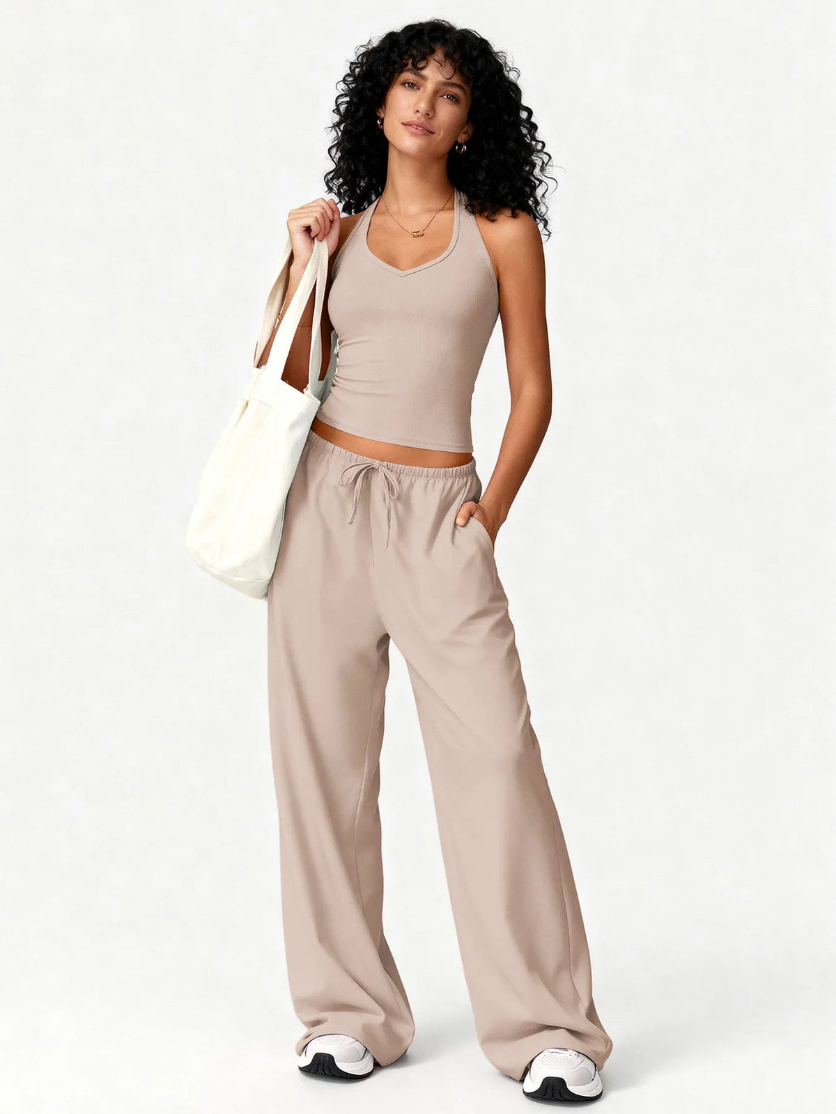 Women 2 Piece Yoga Outfit Ribbed Halter Crop Tank Top Drawstring Wide Leg Pants Set Casual Workout Gym Loungewear Tracksuit Good Vibrations