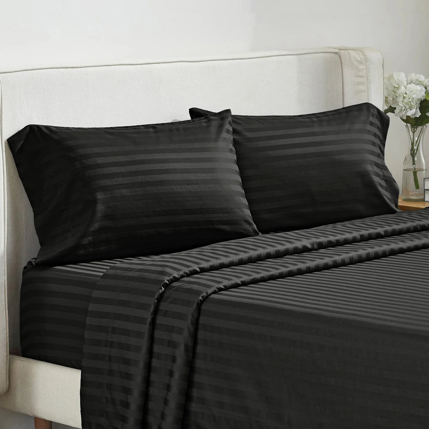 Battilo Bed Sheets 4 Pieces Set Luxury Fitted Flat Sheet with Pillowcases Solid Stripe Bedding Set For Twin Full Queen King Size Good Vibrations