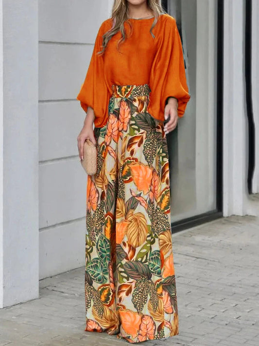 Women's 2 Piece Set 2024 New Fashion Autumn Solid Long Sleeve T-shirts & Digital Print Wide Leg Pants Suit Woman Pants Set Good Vibrations