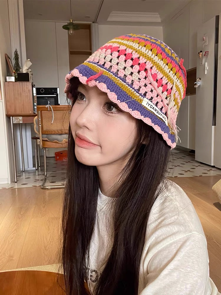 2024 Spring New Crochet Hat Korean Handmade Bucket Hat Women's Weaving Knitted Hat Y2k Fashion Flowers Autumn Winter Ins Beanies Good Vibrations