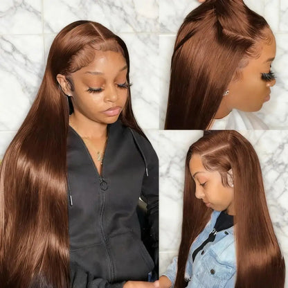Chocolate Brown Straight Human Hair Wig 46 Inches 13x6 Transparent HD Lace Frontal Pre Plucked Natural Hairline Wig For Women Good Vibrations