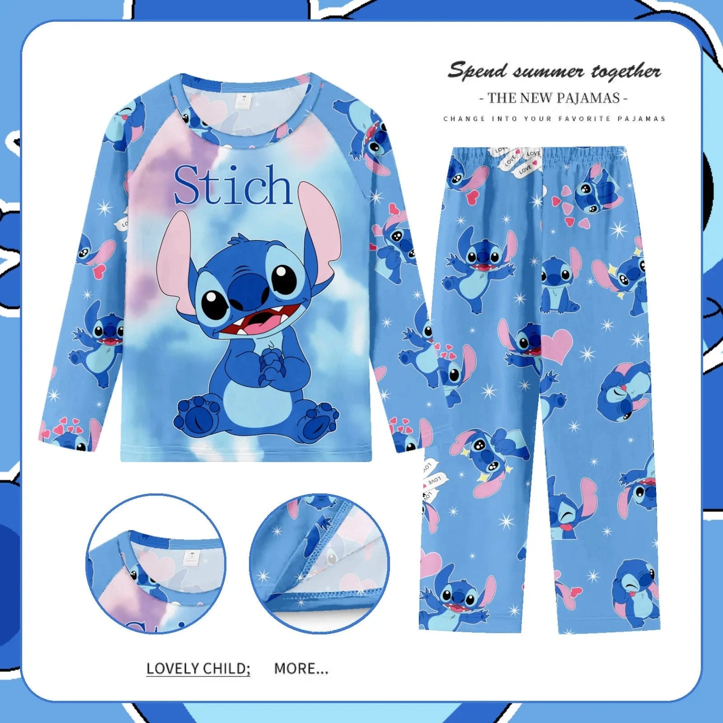 New Pajamas Boys Girls Pajamas Stitch Clothing Sets Kids Long Sleeve +Pant 2 Pieces Children Home Clothing Girl Nightgown Pjs Good Vibrations