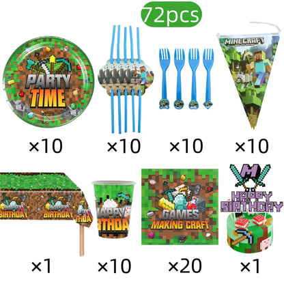 Mineres Craftings Party Decorations World Game Tableware Cup Plate Balloon Tablecloth Boys Birthday Party Supplies Kids Gift Good Vibrations