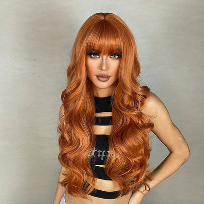 Ginger Orange Synthetic Wigs for Black Women Long Wavy Wigs with Bangs Cosplay Colored Hair Heat Resistant Body Wave Party Wig Good Vibrations