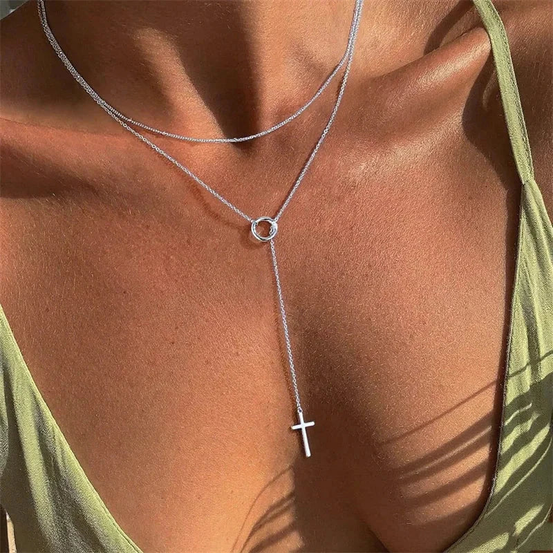 Simple Elegant Cross Bow Necklace for Women Attractive Motifs Golden Alloy Layered Necklace Party Jewellery Accessories Good Vibrations