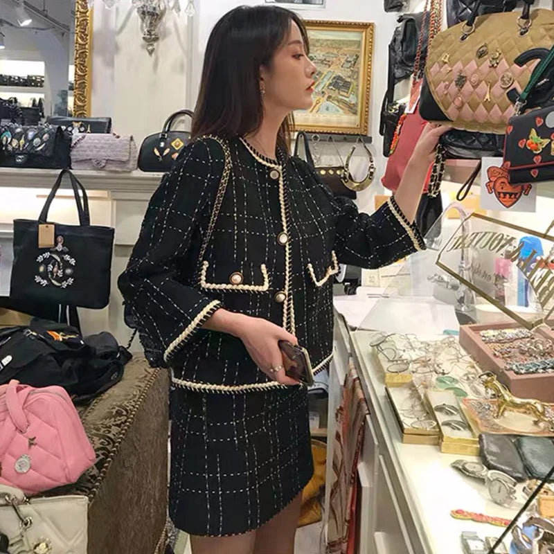 Women Fried Street Tweed Suit 2023 New Spring Autumn Wool Jacket + Skirt Female Fashion Loose Tweed Skirts Two-Piece Set Good Vibrations