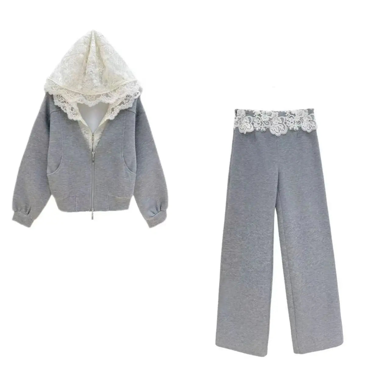 Women's Suit 2025 High-end Splicing Lace Hooded Sweater + Casual Pants Two-piece Set Good Vibrations