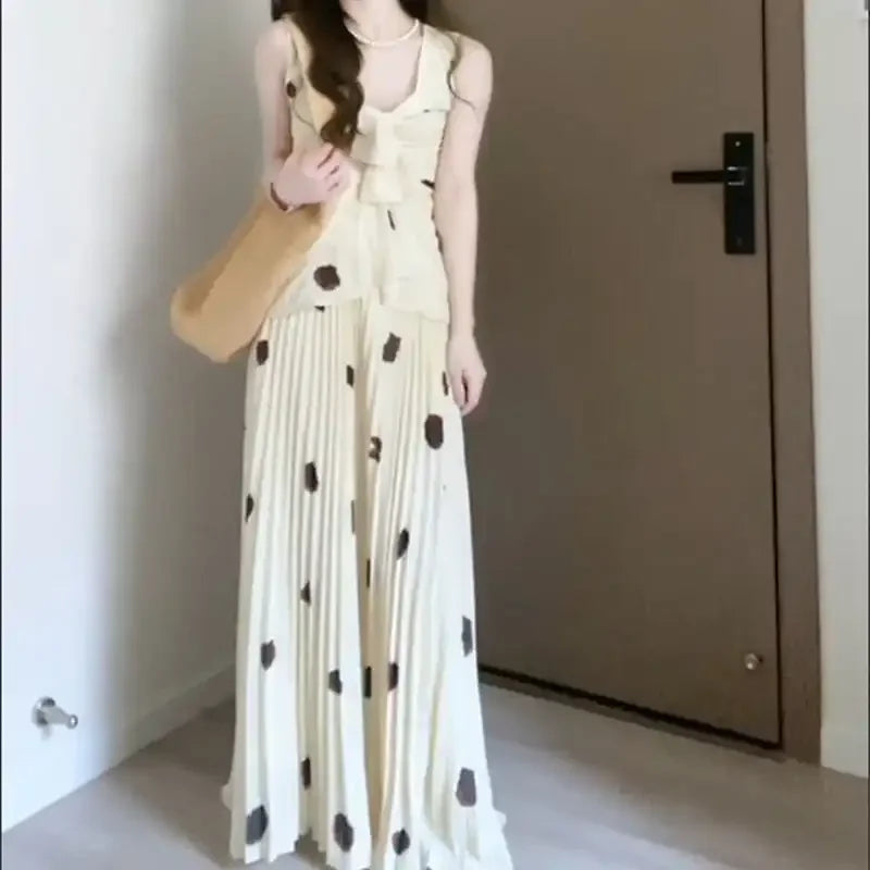 Women Two Piece Outfit V Neck Bow Sleeveless Top Printed Pleated Long Maxi Skirt Set Good Vibrations