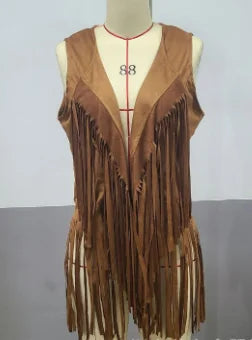Halloween Hippie Costume Women's Set for Carnival 70s Clothing Accessories Six-Piece Set Tassel Vest+Pants+Headband Set Good Vibrations