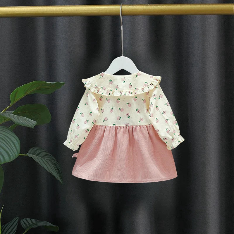 Spring And Autumn Girls' New Shoulder Strap Long Sleeve Dress, Baby Girl's Big Collar 3d Splicing Flower Sweet Children's Skirt Good Vibrations