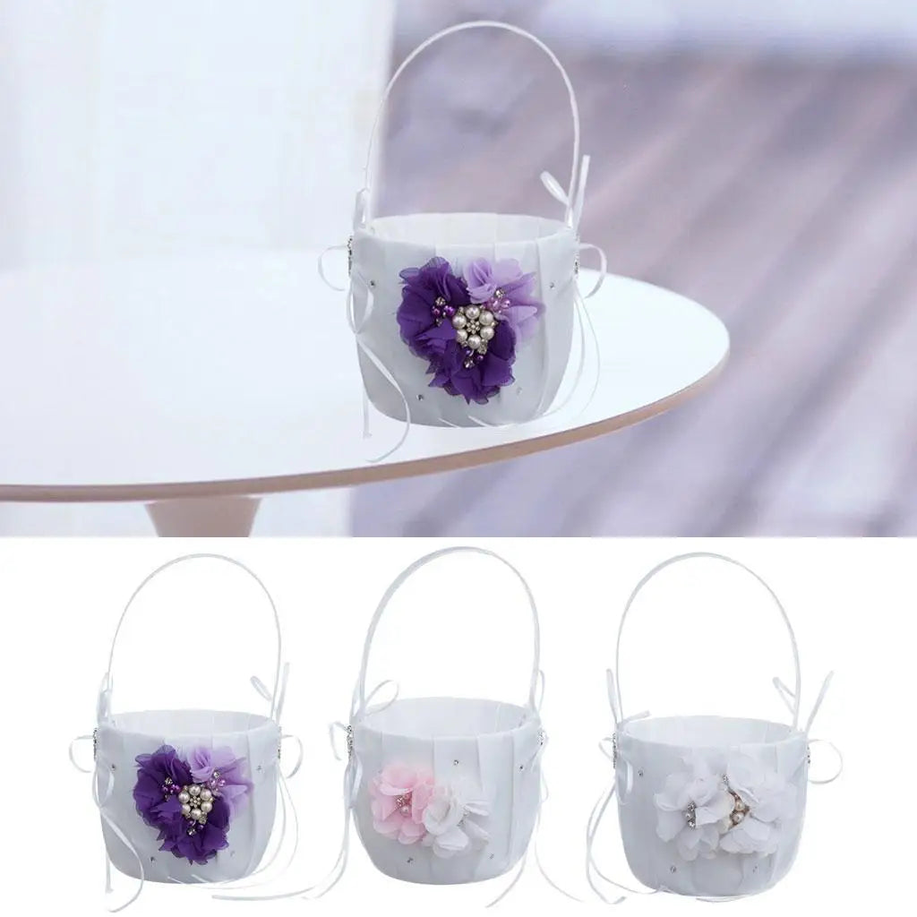 Wedding Bowknot Faux Pearl Flower Girl Basket With Heart Shape Decor Pink Good Vibrations