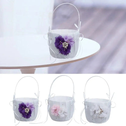 Wedding Bowknot Faux Pearl Flower Girl Basket With Heart Shape Decor Pink Good Vibrations