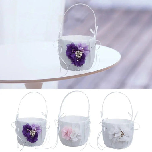 Wedding Bowknot Faux Pearl Flower Girl Basket With Heart Shape Decor Pink Good Vibrations