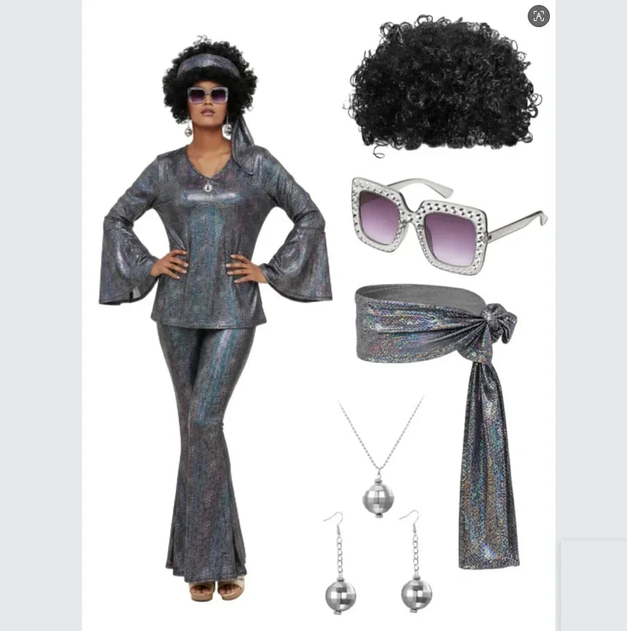 70s Women Disco Outfit Costume Disco Party Top Pants Sunglasses Ball Necklace Earring Wig for Halloween Easter Party Dress Up Good Vibrations