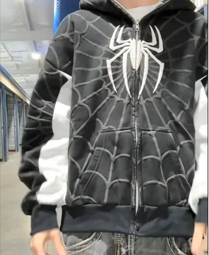 American Spider 3D Foaming Embroidery Zipper Hoodie Y2K Retro Gothic Harajuku Women Zip Up Jacket Hoodies Sweatshirt Men Clothes Good Vibrations
