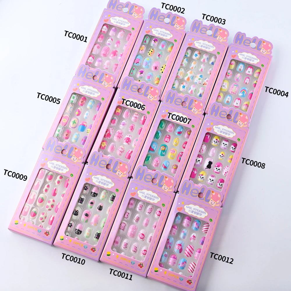 24Pcs/box Kids nails for Girl Cartoon Pattern False Nail Cute Child Fake Nails Tips Kawaii Acrylic Artificial Press on Nail+Tool Good Vibrations