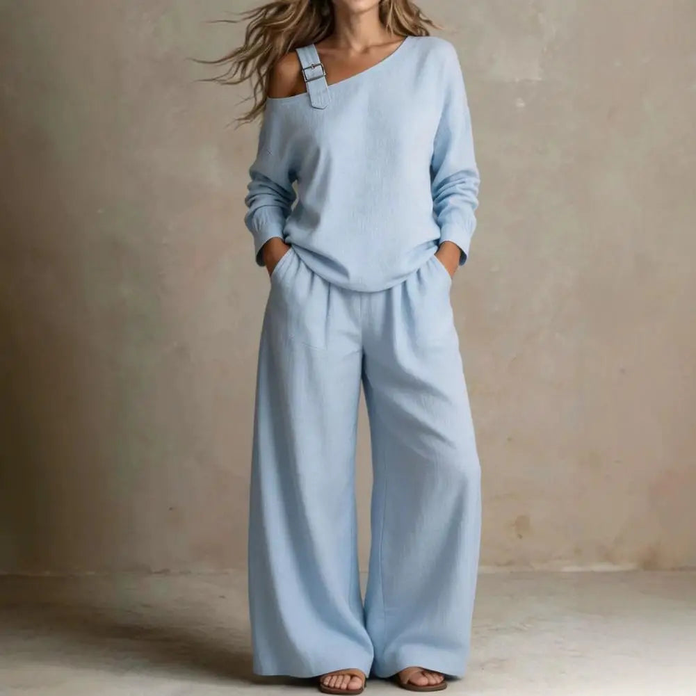 Women Two Piece Matching Set for Fall Off-Shoulder Long Sleeve Top & High Waisted Wide Leg Pants Loose Shirt Trouser Lounge Set Good Vibrations