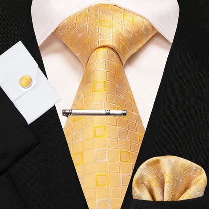 8cm Silk Mens Ties Green Black Ties plaid stripe NeckTie Pocket Square Cufflinks Tie clips Set Men's Wedding business Party Tie Good Vibrations