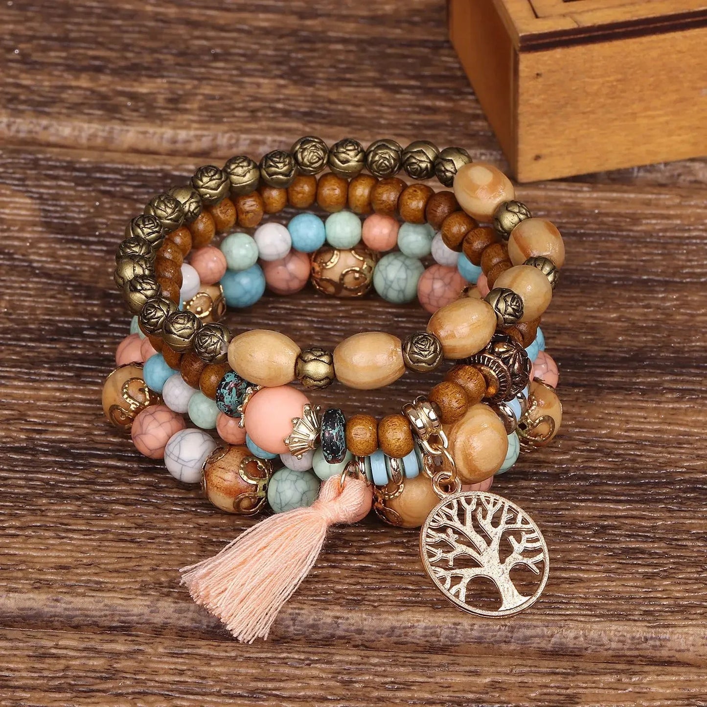 4Pcs/Set Boho Wooden Beaded Bracelet Set For Women Tree Of Life White Tassels Charm Elastic Chain Bangle Lady Bohemia Jewelry Good Vibrations