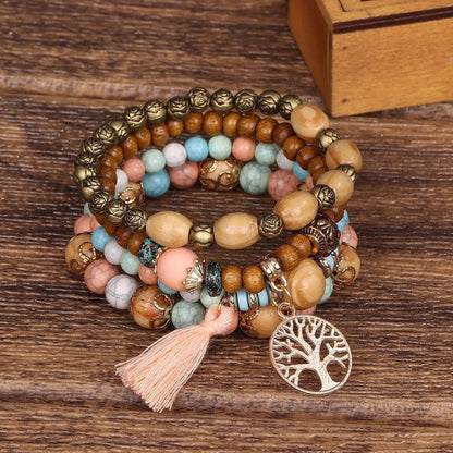 4Pcs/Set Boho Wooden Beaded Bracelet Set For Women Tree Of Life White Tassels Charm Elastic Chain Bangle Lady Bohemia Jewelry Good Vibrations