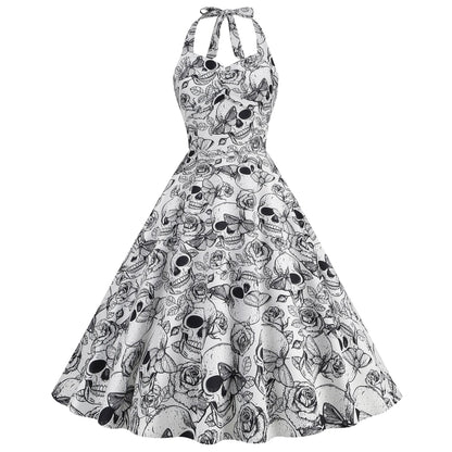 Halloween Costumes for Women Skull Print Halter Dress Sleeveless Tunic Vintage Party Dresses Goth Clothes Masquerade Vestidos Good Vibrations