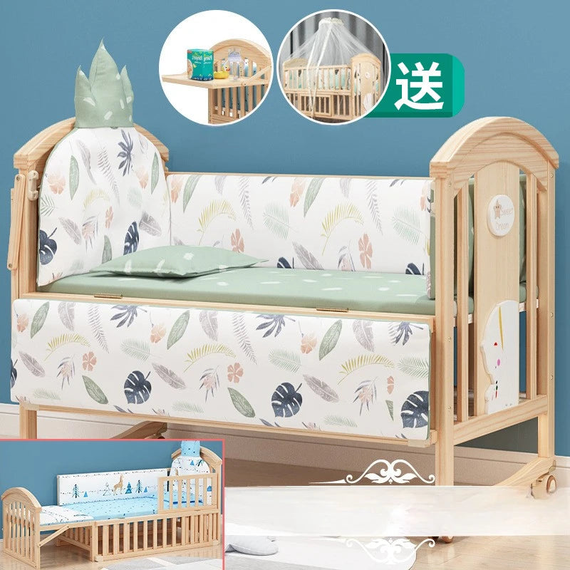 Comfortable Baby Bed,Solid Wood,Movable,with Diaper Changing Table and Mosquito Net,Multifunctional Baby Bed, Adjustable Height Good Vibrations