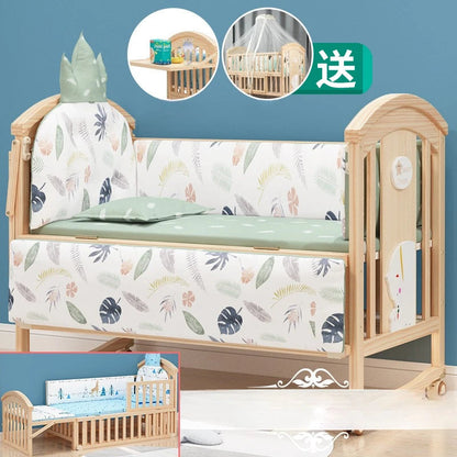 Comfortable Baby Bed,Solid Wood,Movable,with Diaper Changing Table and Mosquito Net,Multifunctional Baby Bed, Adjustable Height Good Vibrations