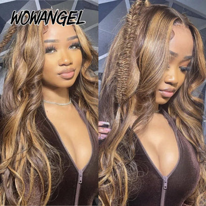 Wow Angel 13X6 HD Lace Frontal Human Hair Wigs 250% Highlight Body Wave Wigs Full Lace Wigs Melt Skins Ombre Colored Wigs Good Vibrations