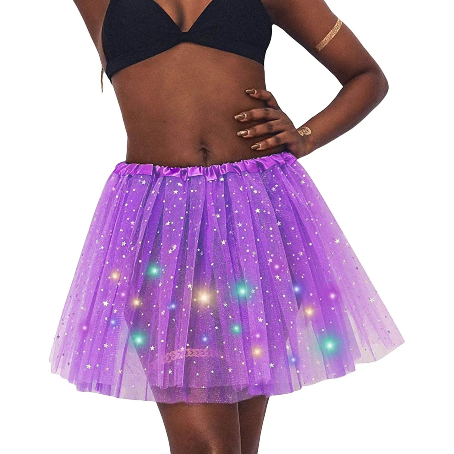 Halloween Cosplay Women Star Sequins Mesh Pleated Tulle Princess Skirt With LED Skirt Party Dancing Miniskirt Costume Clothing Good Vibrations