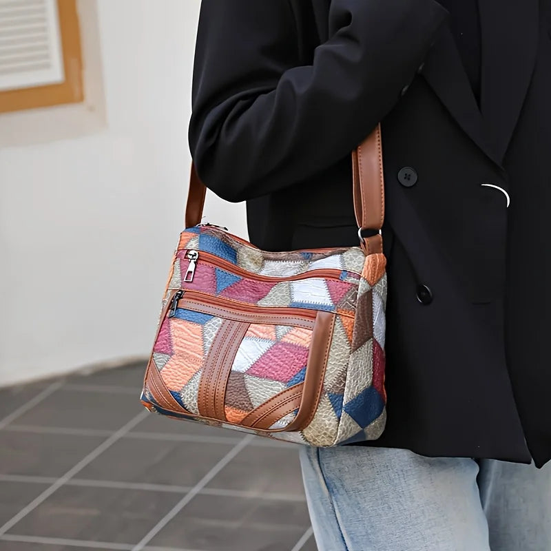Chic Crossbody Bags for Women Stylish Stitching, Geometric Pattern, Multi Compartment Design with Zipper Closure, Travel Purse Good Vibrations