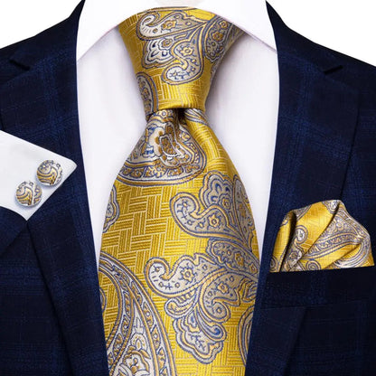 Hi-Tie Champagne Gold Striped Paisley Solid Men Silk Wedding Tie Fashion Design Necktie For Men Hanky Cufflink Business Party Good Vibrations