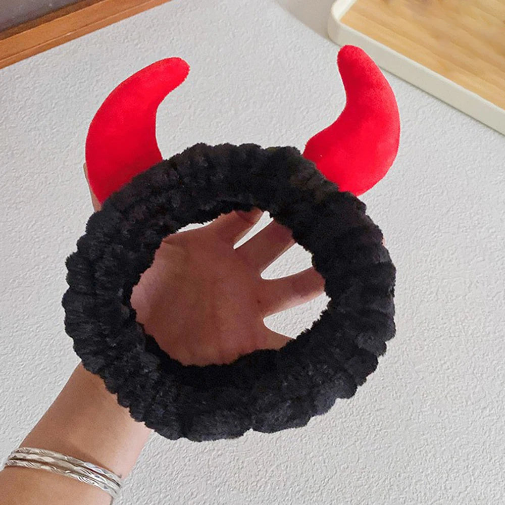 Demon Design Headband And Wristbands Set, Flannel Coral Hair Band Wristbands, Makeup Spa Face Wash Hair Accessories Good Vibrations