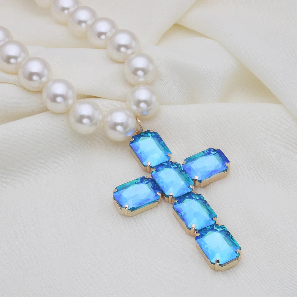 Fashionable and exaggerated large glass cross necklace pendant, luxurious Christmas gift jewelry Good Vibrations
