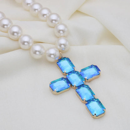 Fashionable and exaggerated large glass cross necklace pendant, luxurious Christmas gift jewelry Good Vibrations