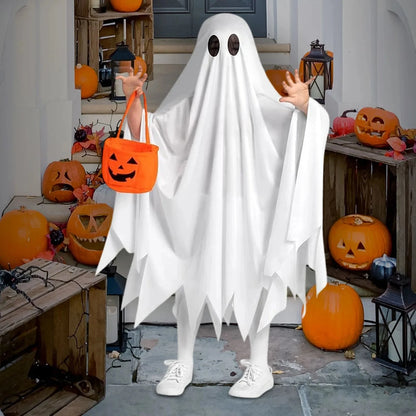 Halloween Funny Costume Kids White Ghost Cloak  Cosplay Outfit With Cute Pumpkin Bag Theme Party Festival Decorative Supplies Good Vibrations