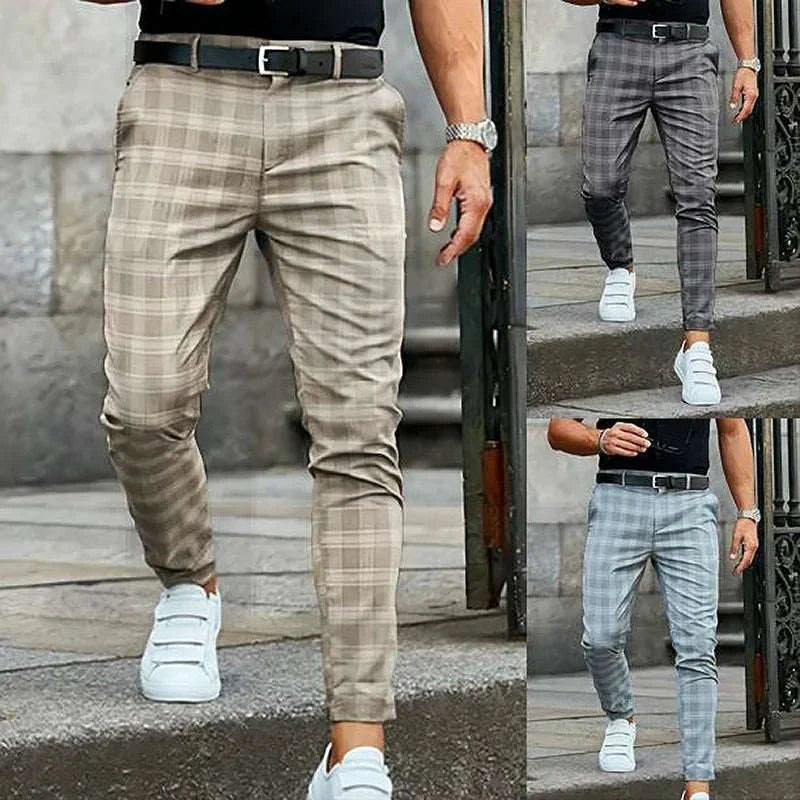 Suit Pant Men Long Pants Plaid Mid Waist Simple Slim Fit Zipper Splice Casual Regular Autumn Winter 2024 Straight Trousers Good Vibrations