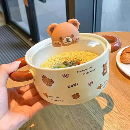 Kawaii Bear Jumbo Ramen Bowl With Lid Kitchen Tableware Cute Japanese Ceramics Instant Noodles Fruit Salad Soup Bowl Gift 750ml Good Vibrations