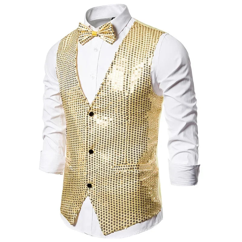 Gold Men's Sequin Vest Jacket, Single-breasted V-neck Sleeveless Vests Coat, Wedding Party Waistcoat Silver Blue Purple Red Tops