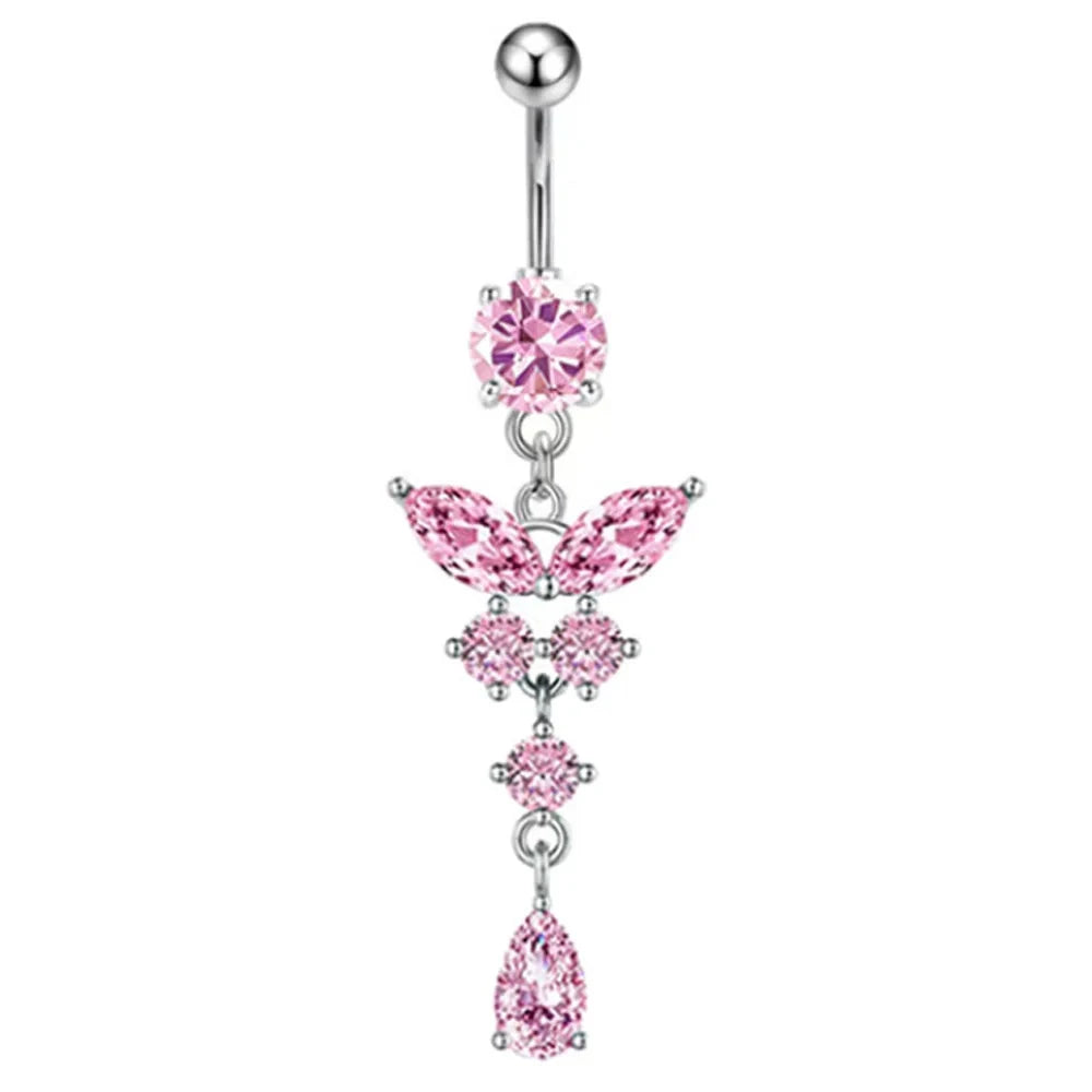Fashion Pink Crystal Crown Belly Button Rings Stainless Steel Long Pendant Butterfly Heart Navel Piercing for Women Jewelry Good Vibrations Adult Super Store