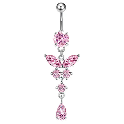 Fashion Pink Crystal Crown Belly Button Rings Stainless Steel Long Pendant Butterfly Heart Navel Piercing for Women Jewelry Good Vibrations Adult Super Store